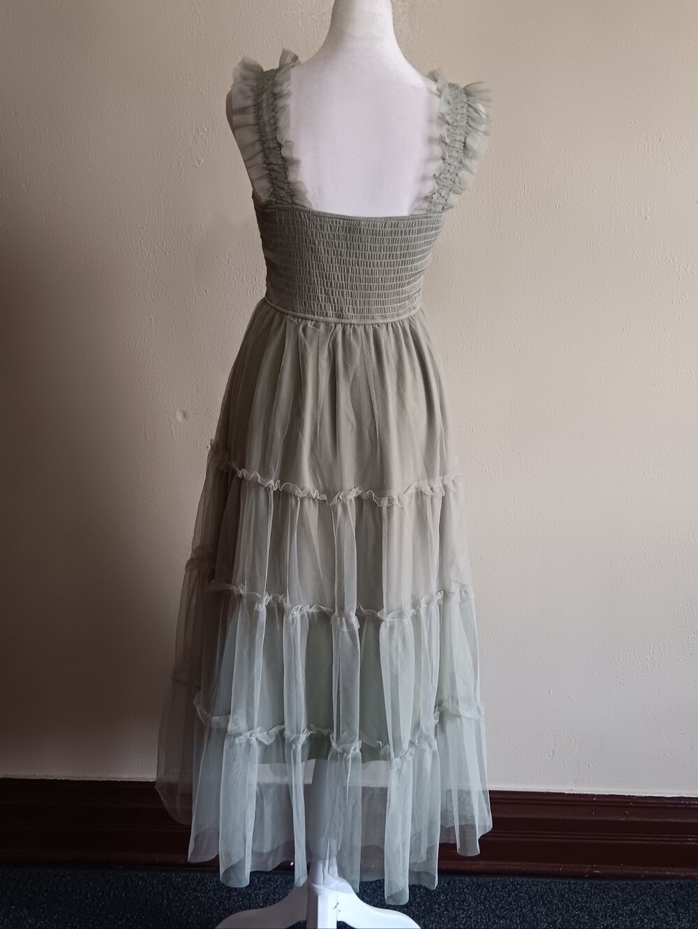 Fairycore Tiered Tulle Slip On Maxi Dress in Sage Green Pretty Garden Size Small - Picture 5 of 12